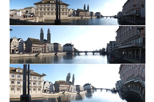 Durch Schwenken lassen sich Panoramabilder mit verschiedenen Bildwinkeln (120, 180 und 360 Grad) erstellen. Wird die Kamera dabei zusätzlich gedreht entstehen Verzerrungen wie beim unteren Bild.
